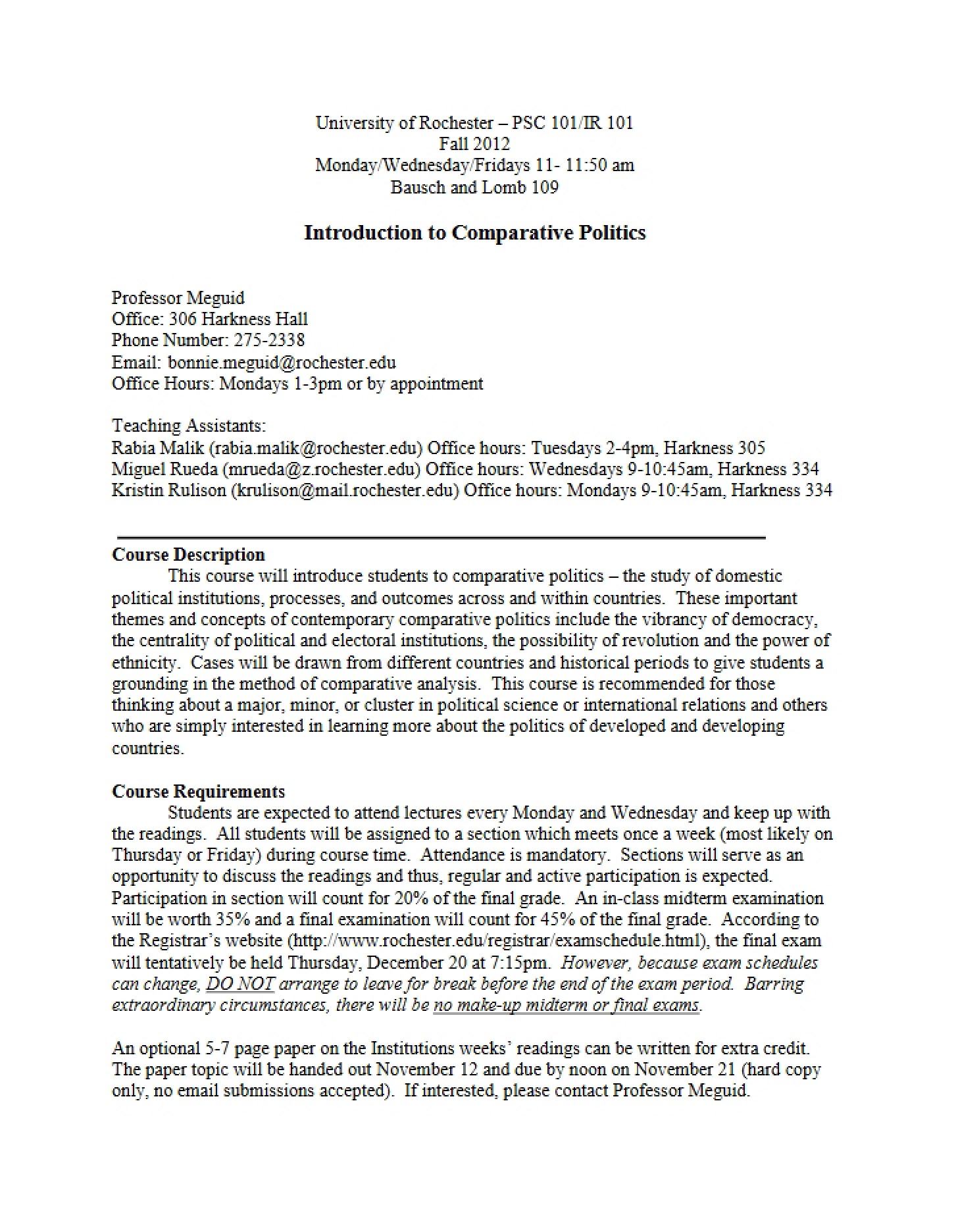 Introduction to Comparative Politics Syllabus (PSC 101)