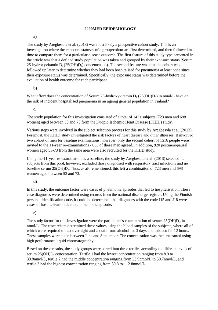Serum 25 OH D3 Concentration and Pneumonia Risk Study