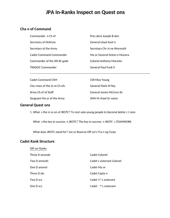JPA In-Ranks Inspection - Cadet Command Structure Questions