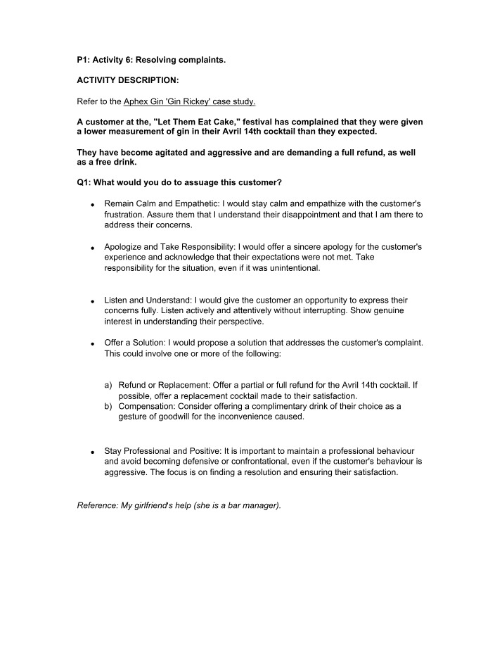 Resolving Complaints - P1 Activity 6
