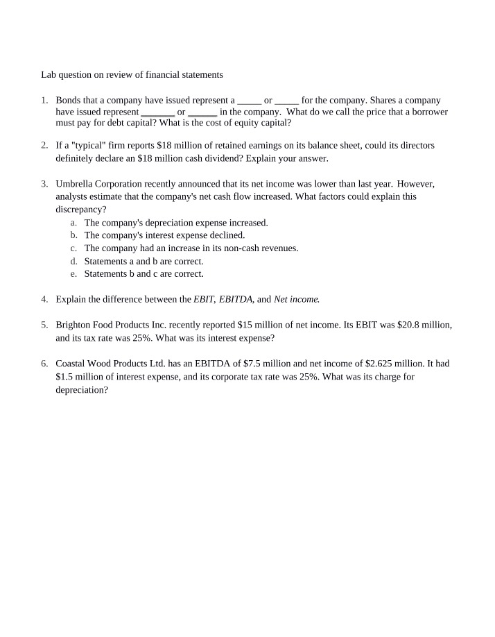Study Questions and Analysis of Financial Statements