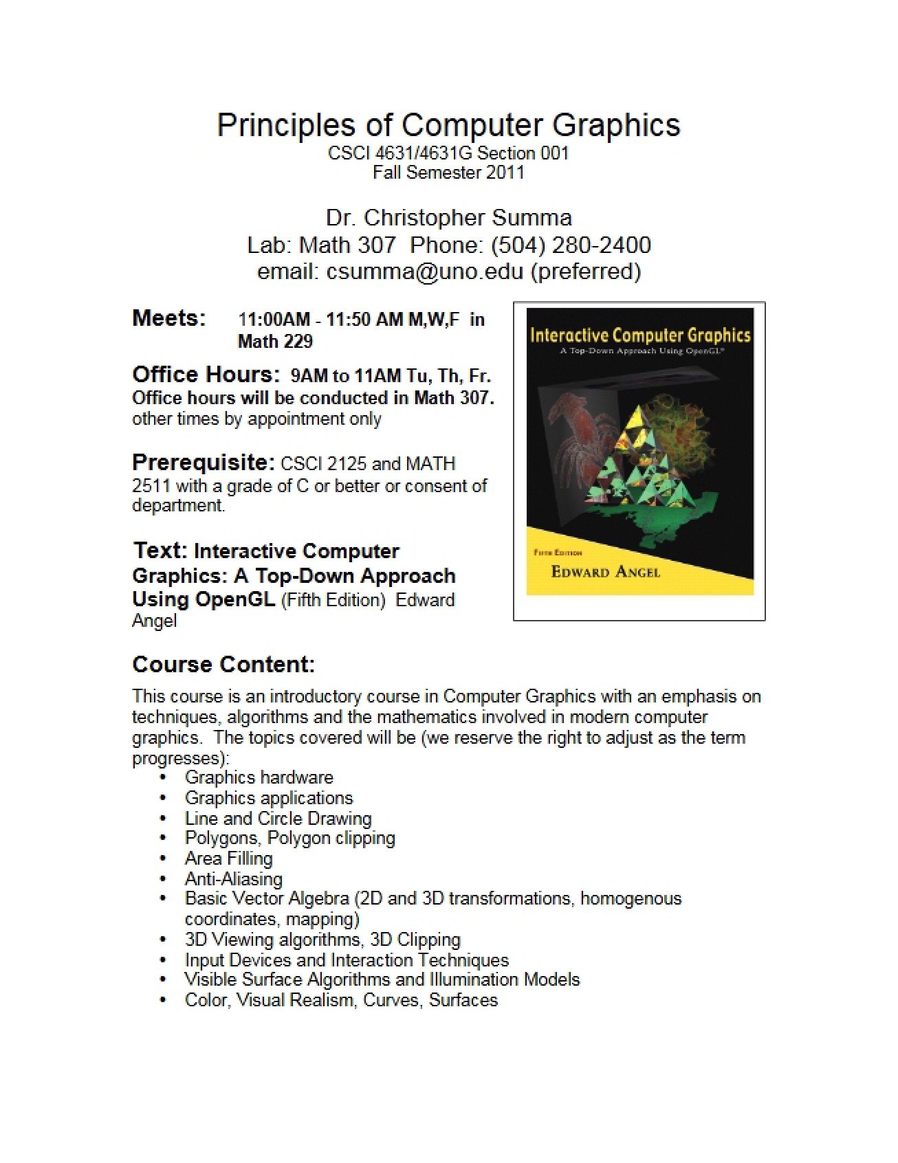 Computer Graphics Principles Syllabus