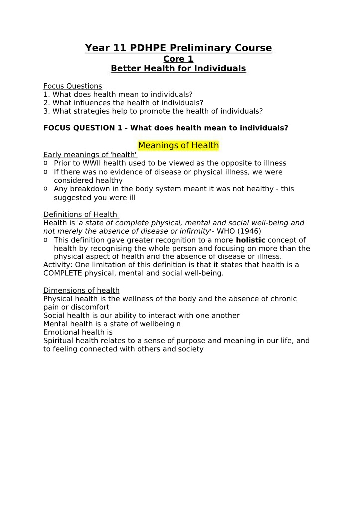 Year 11 Health - Meaning and Influences