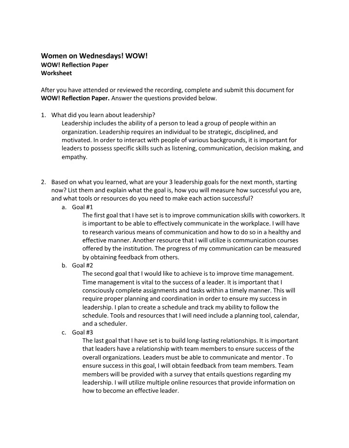 Worksheet for WOW! Reflection Paper