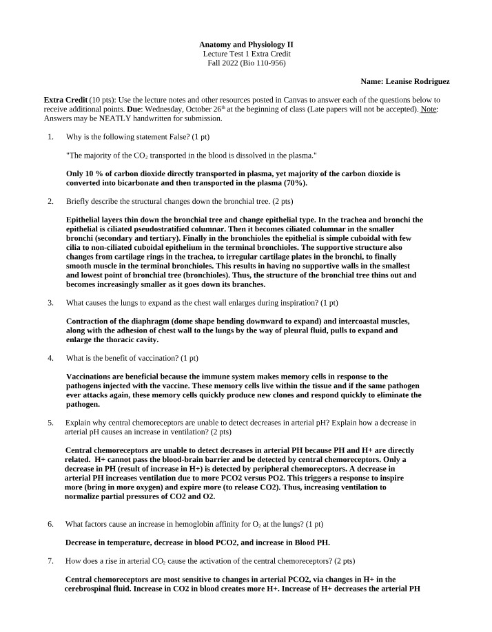 Anatomy and Physiology II Lecture Test 1 - Fall 2022 Extra Credit