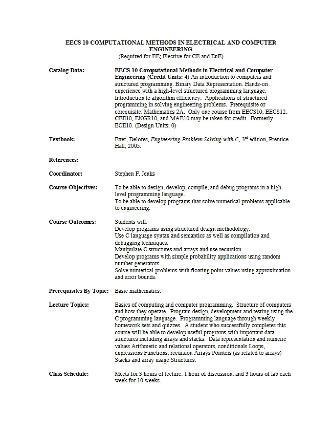 Comp Methods in ECE Course Outline