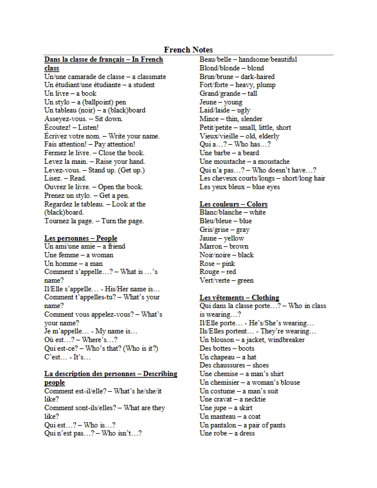 Study Notes for Introductory French