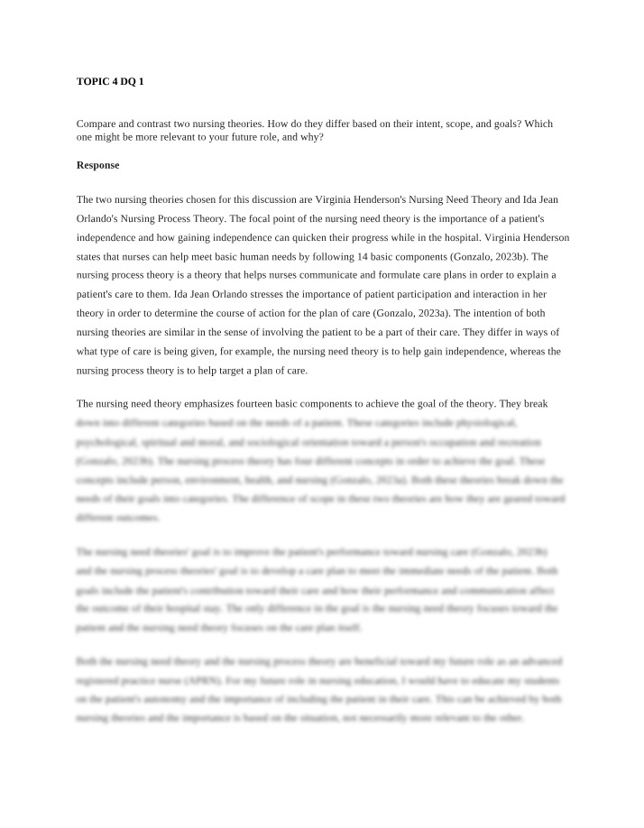 Nursing Theories Comparison - Henderson's Nursing Need Theory