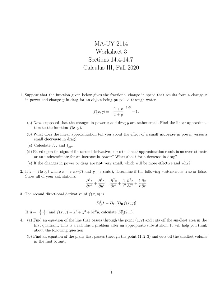 Worksheet 3 for Calc 3