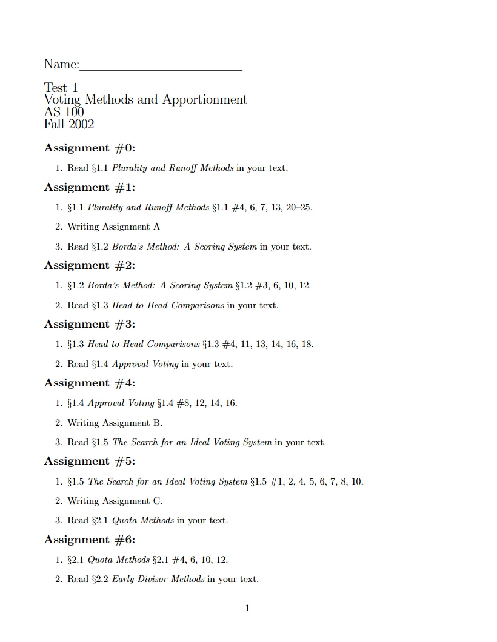 Apportionment and Voting Methods Test One - A&S 100