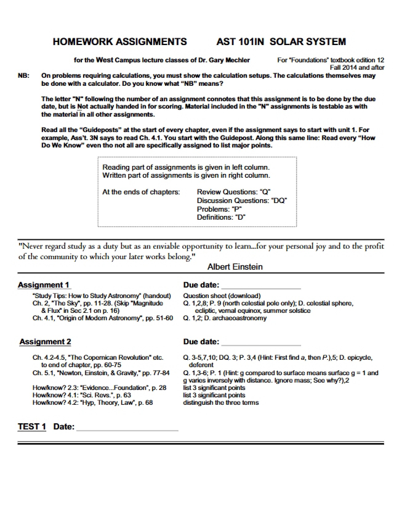 Homework Assignments for Solar System Astronomy