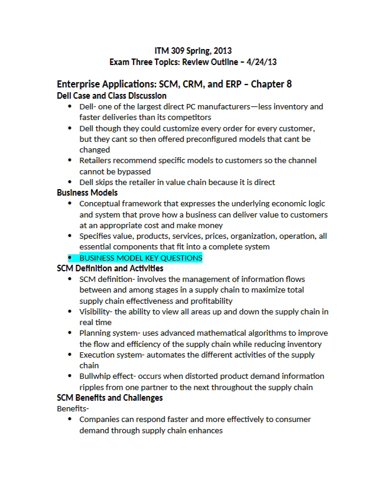 Review Outline Exam Three Topics