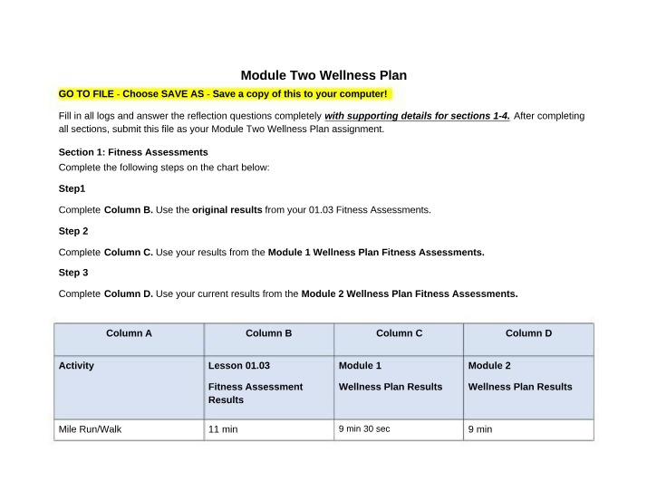 Module Two Wellness Plan - Fitness Assessments and Flexibility