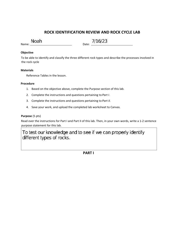 Rock Cycle Lab and Rock Identification Review