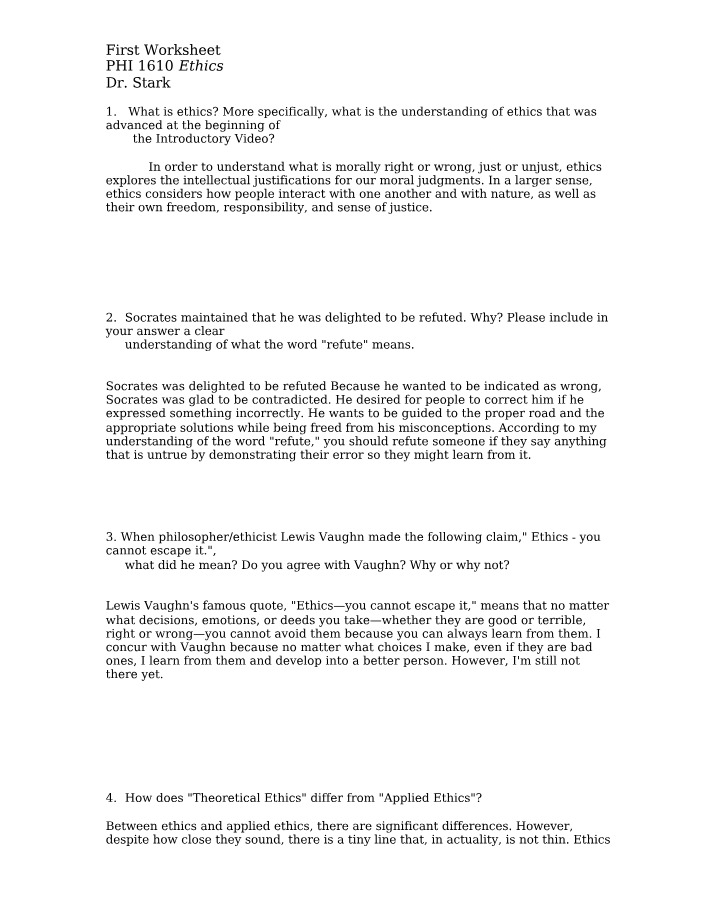 First Ethics Worksheet