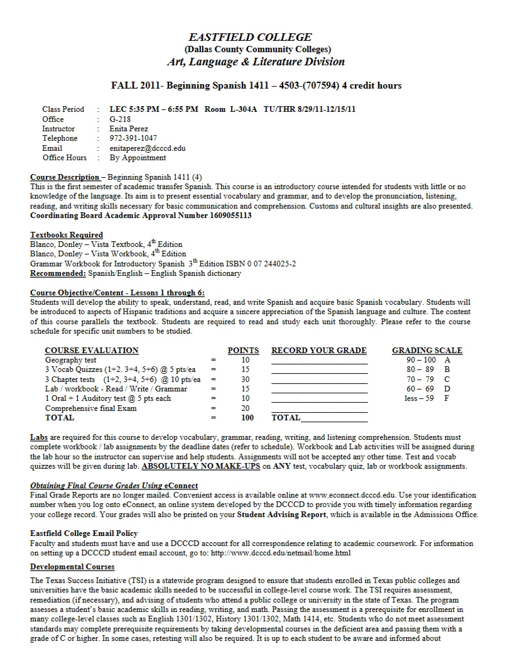 Beginning Spanish I Course Syllabus - 5 Pages