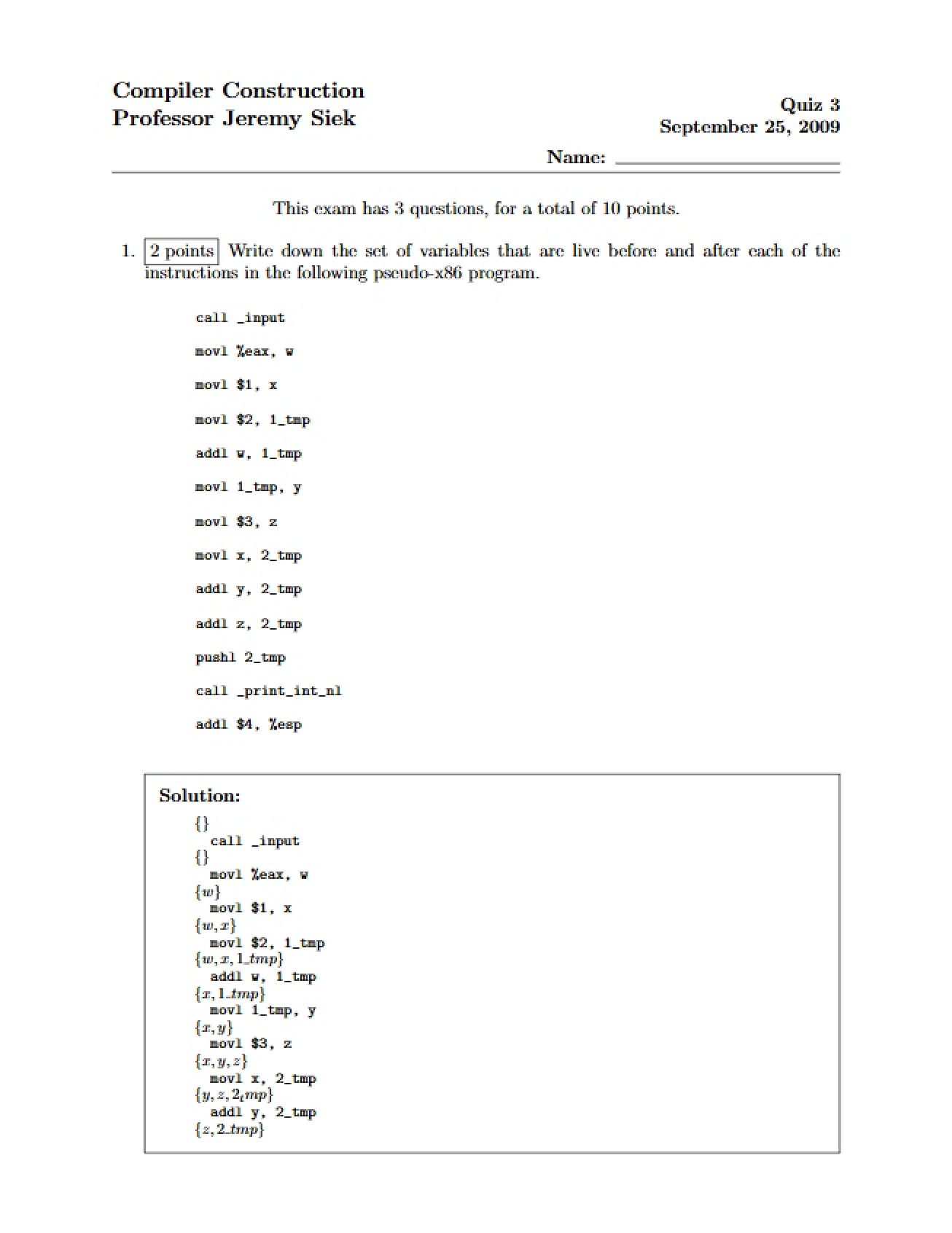 Third Quiz for Compiler Construction