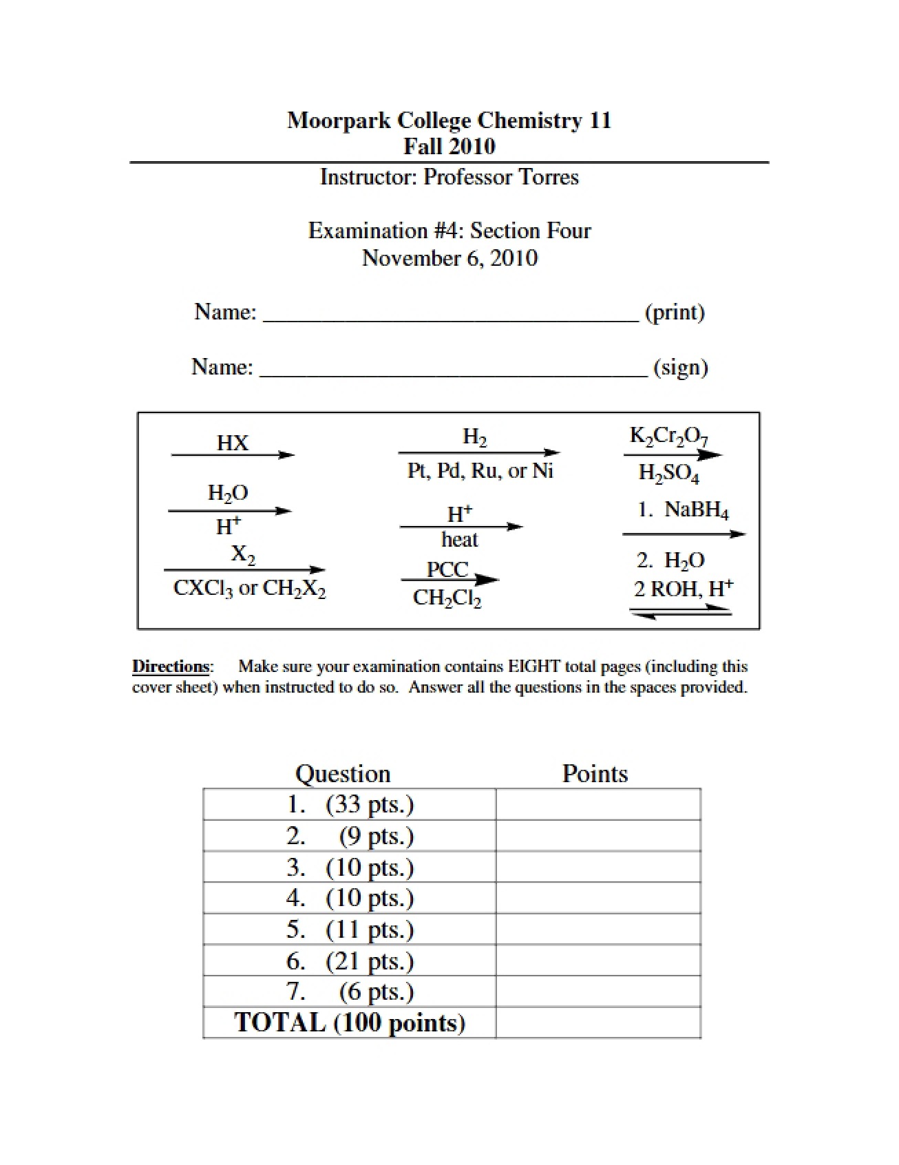 Test Four for Chemistry M11