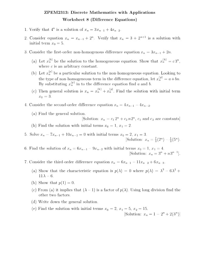 Difference Equations - Worksheet 8