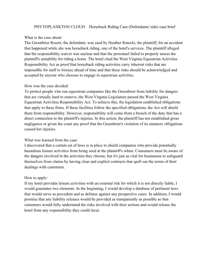 Horseback Riding Case Brief (Defendants' Side)