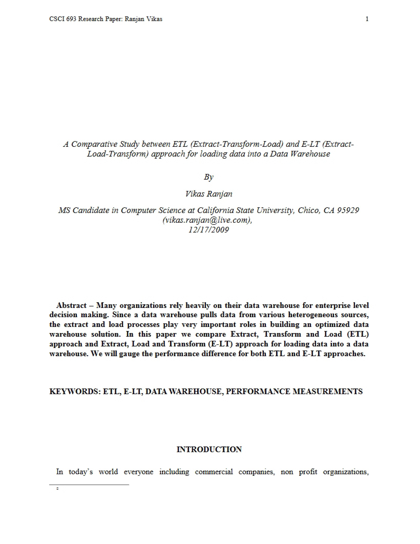 ETL vs E-LT Comparative Study