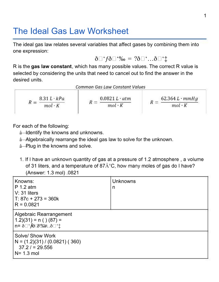Worksheet on the Ideal Gas Law
