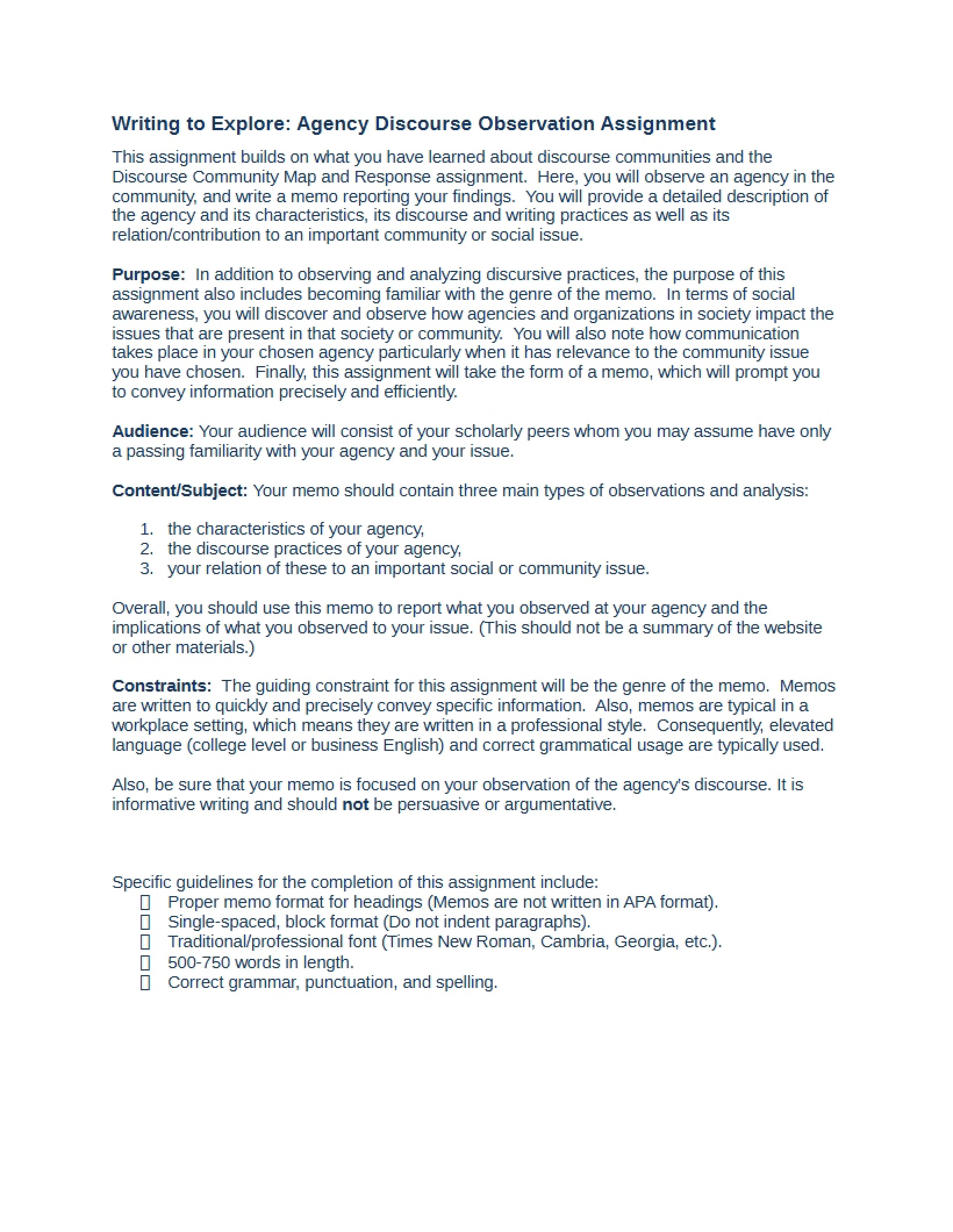 Assignment Agency Discourse Observation