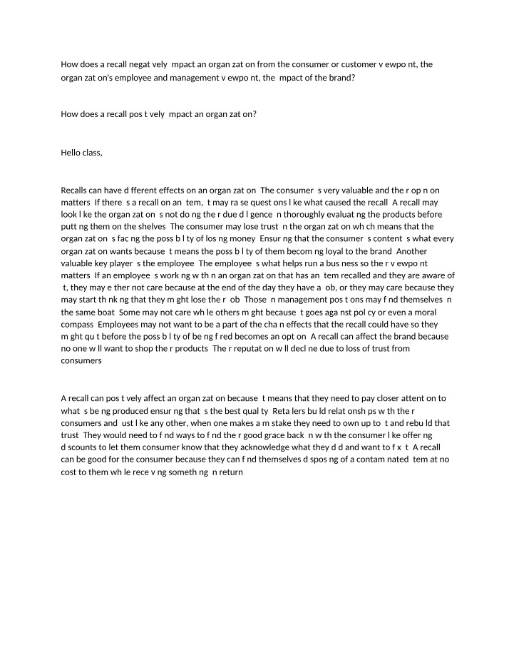 Notes on the Organization Impact of Product Recalls