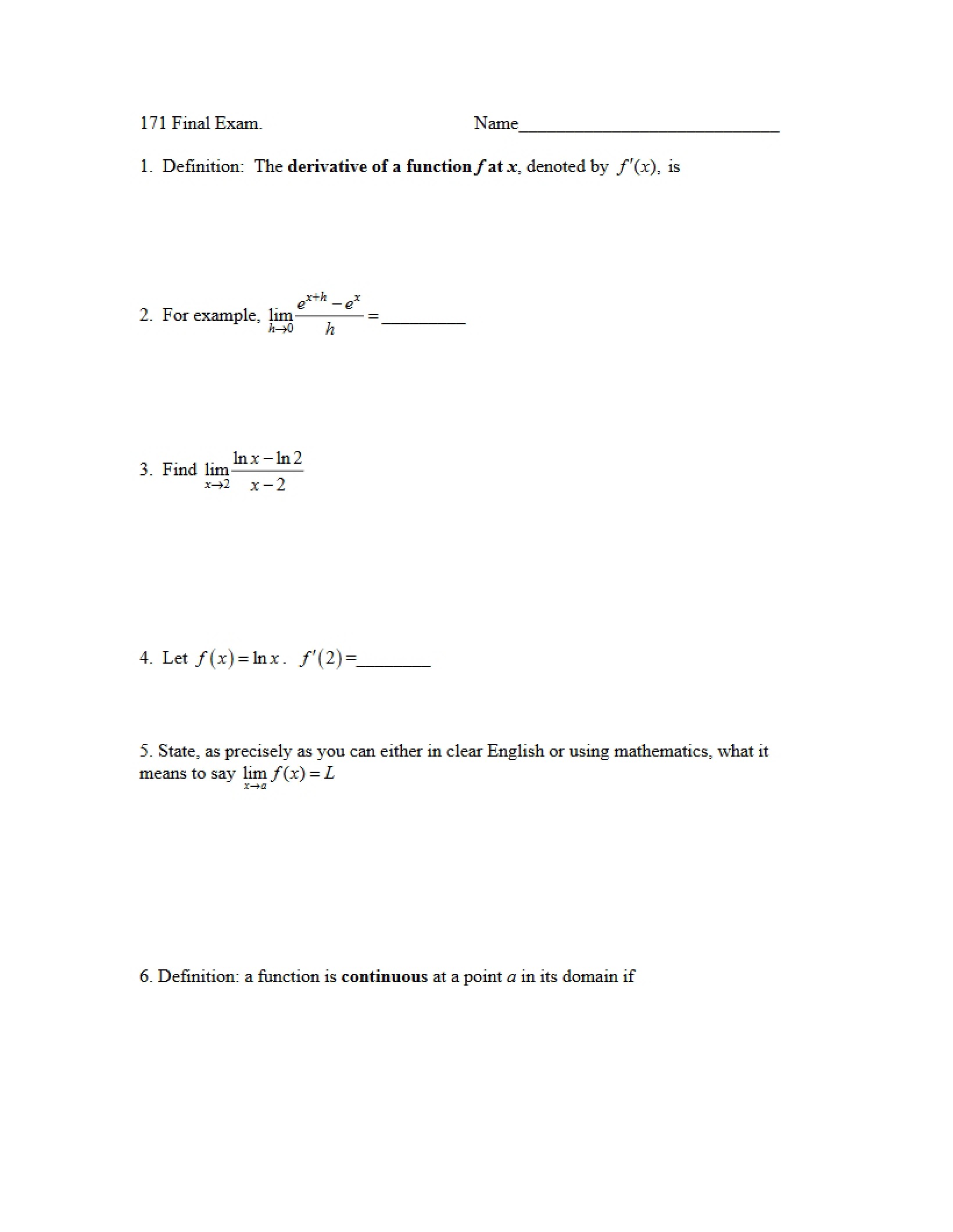 Final Exam for Math 171