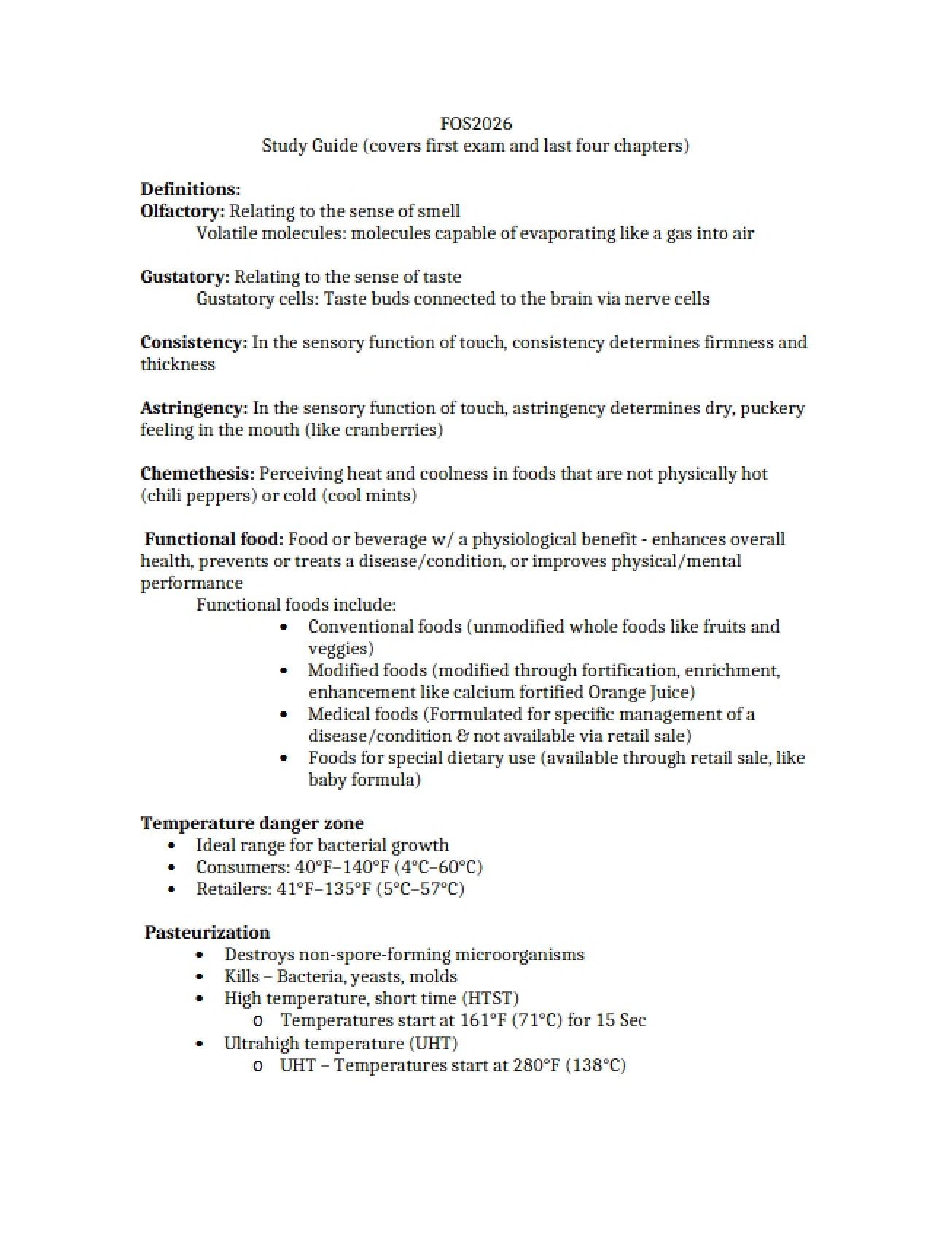 General Study Guide for Foods Course