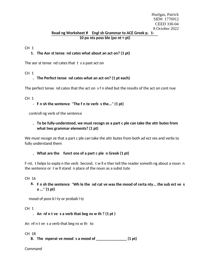 Worksheet 5 - English Grammar to ACE Greek Aorist and Perfect