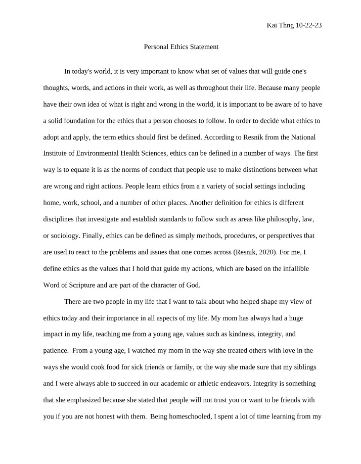 Statement of Personal Ethics