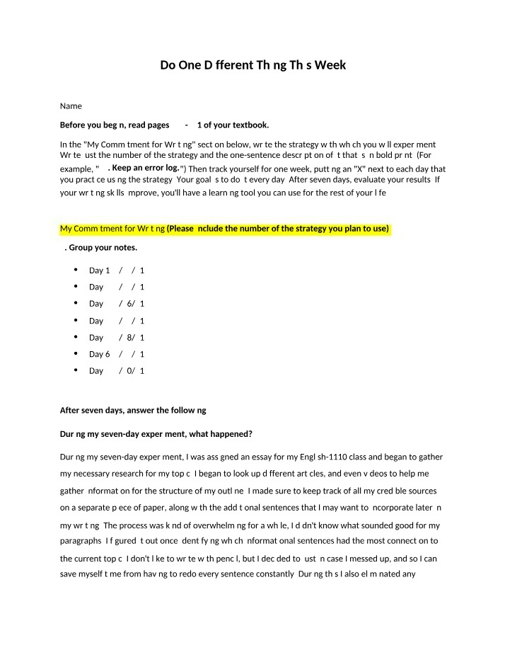 Writing - Do One Different Thing This Week Assignment Template