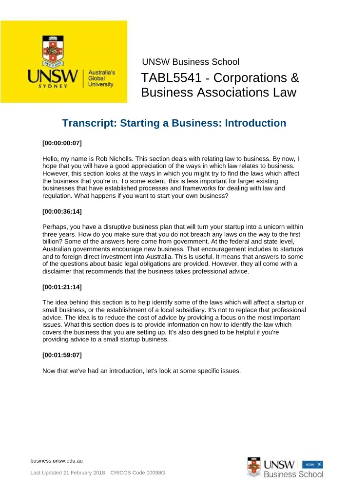 Introduction to Starting a Business - Transcript