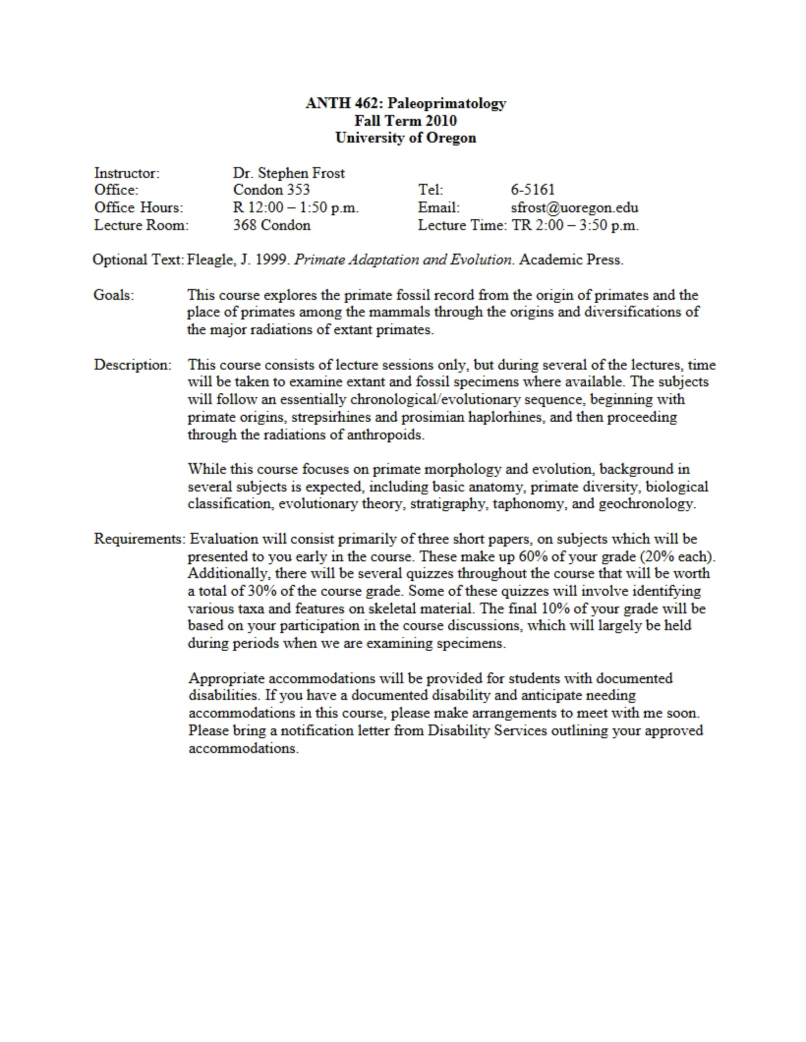 Primate Evolution Syllabus