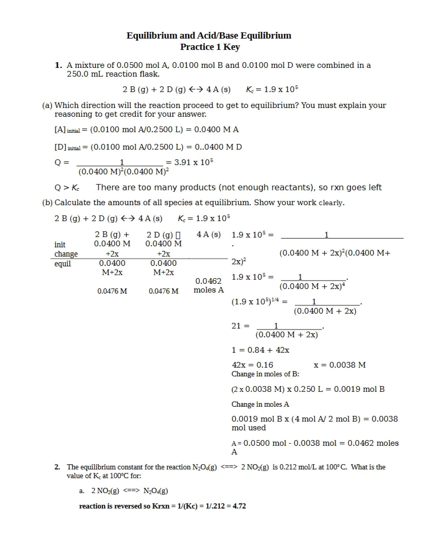 Key for Acid-Base and General Equilibrium Practice 1