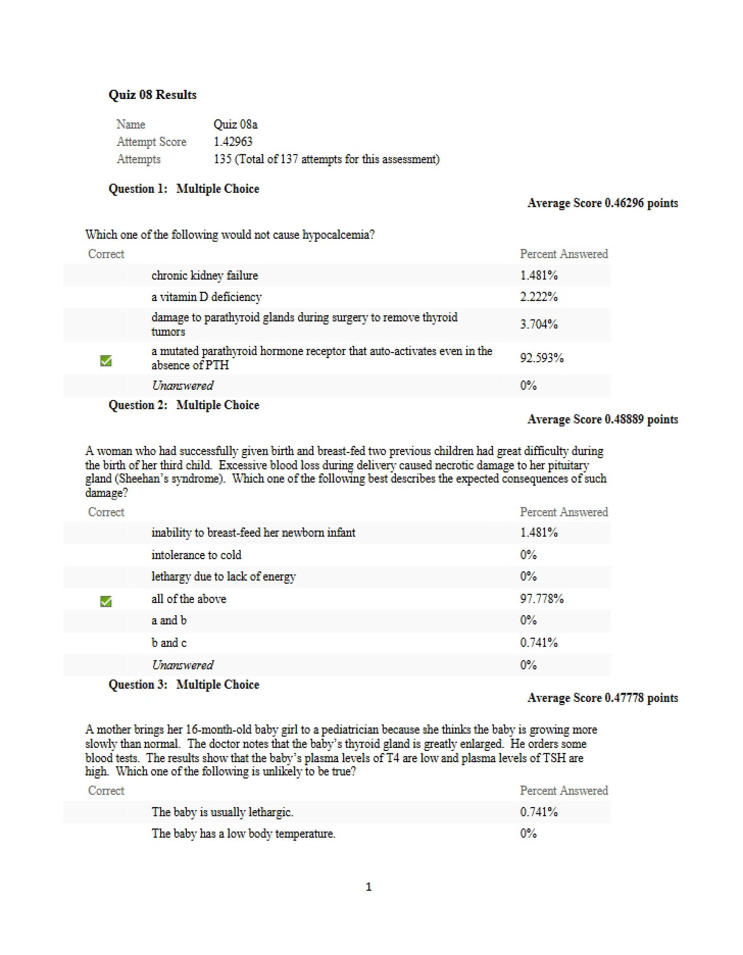 Results for Eighth Quiz
