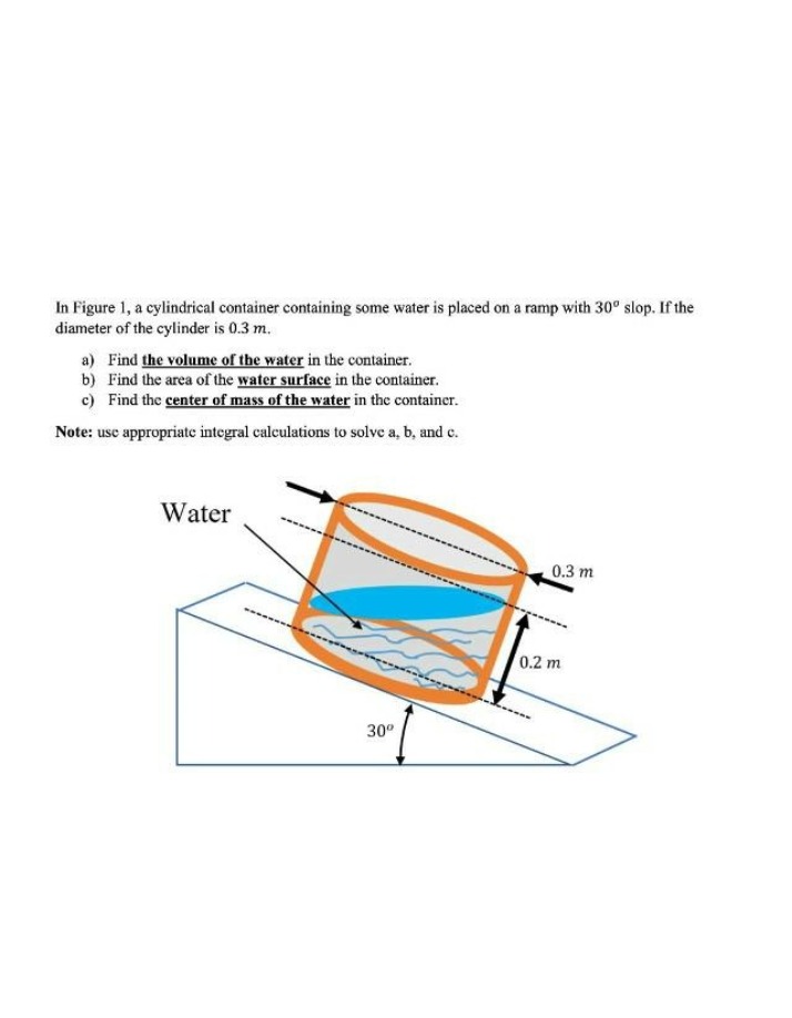 Calculating Volume, Area, and Center of Mass for Water in a Cylinder