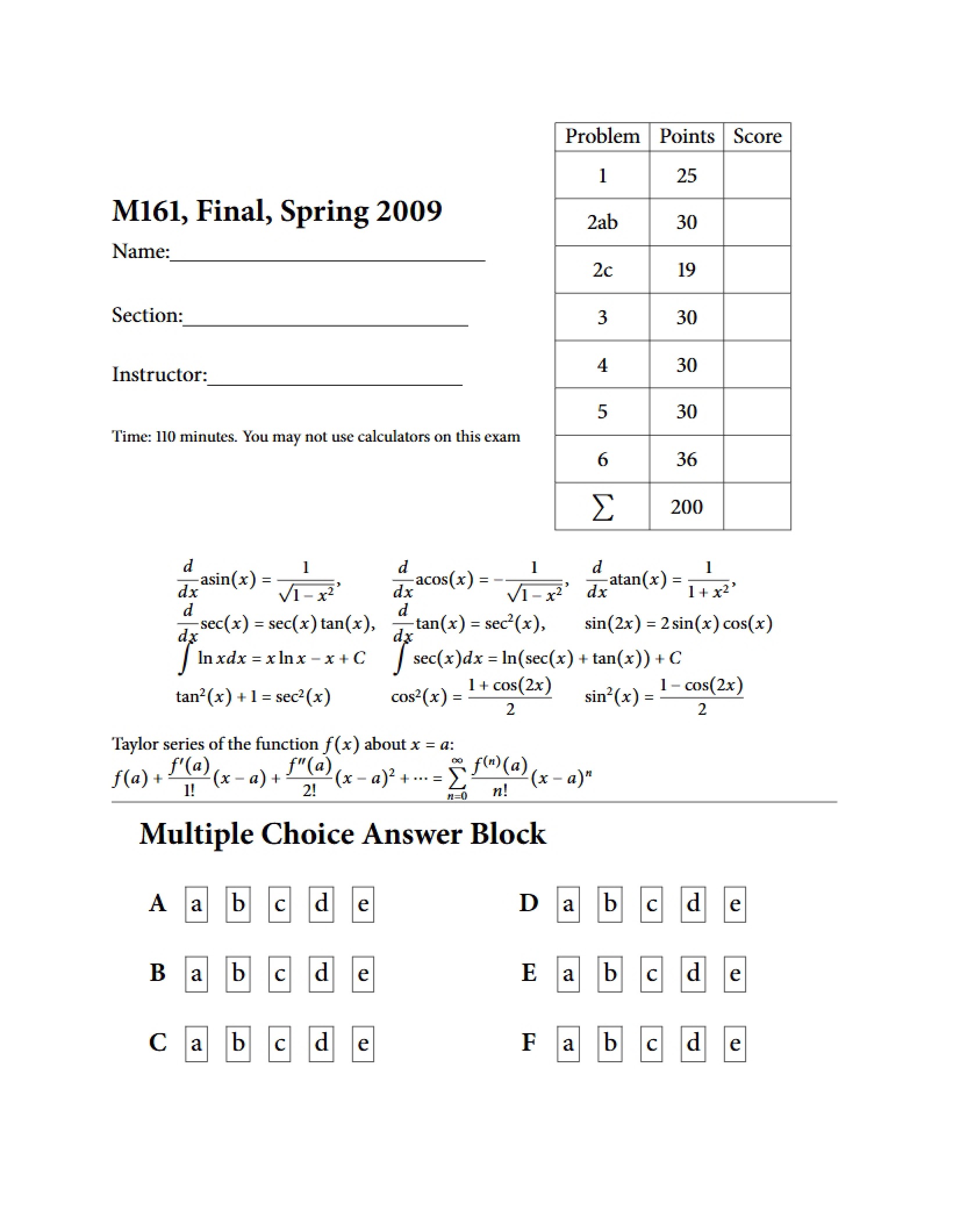 Final Exam Math 161