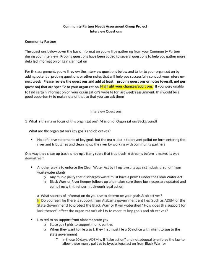 Community Partner Needs Assessment - Interview Questions