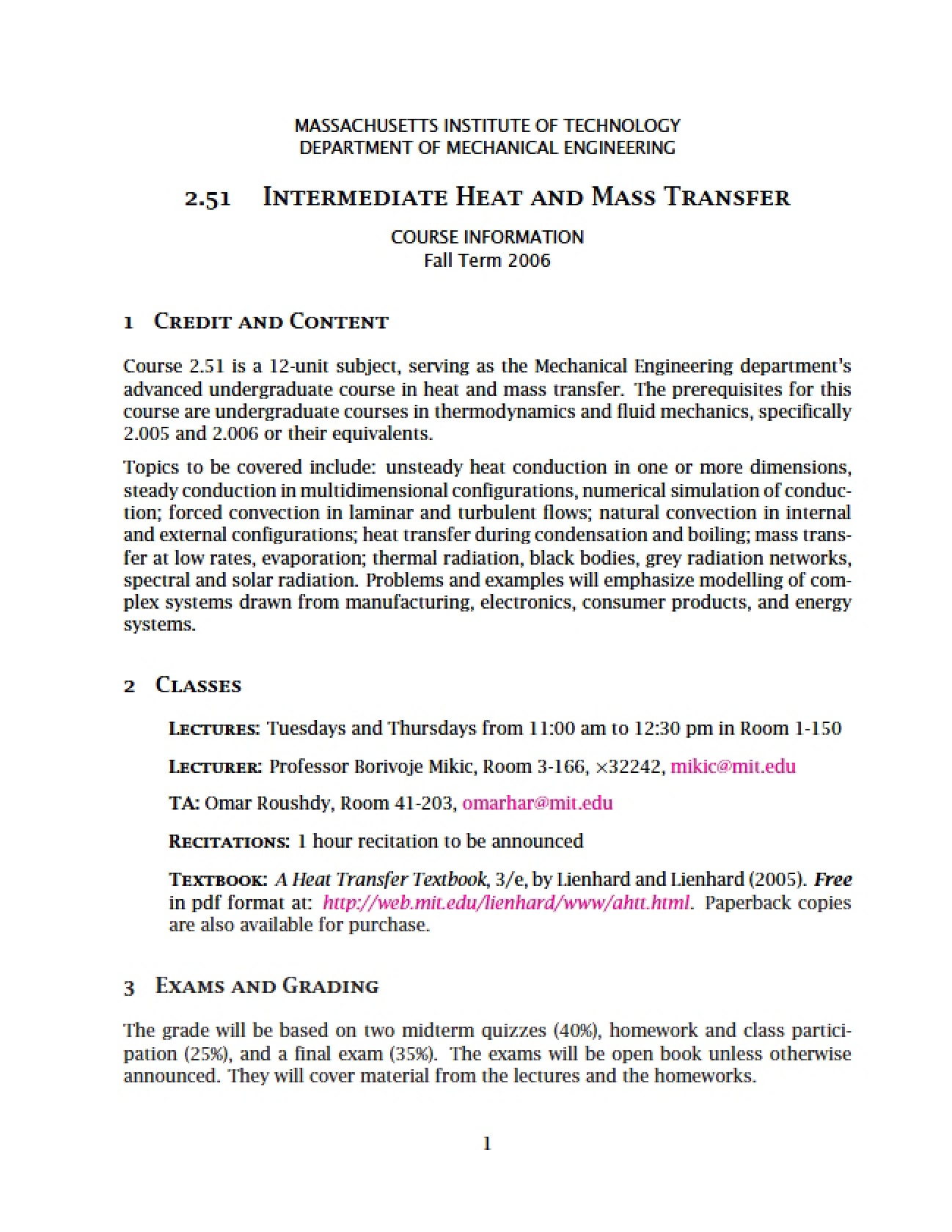 Heat Transfer Course Info