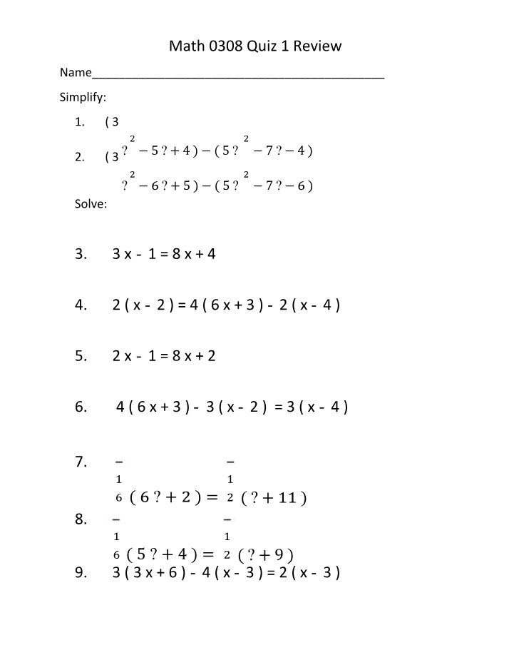 Quiz 1 Review for Math 0308 - Simplifying Equations and Laws of Exponents