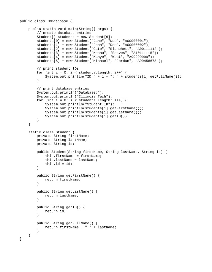 Student IDs and Database Entries - IDDatabase Class