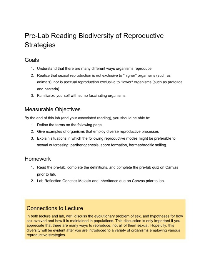 Pre-Lab Reading - Biodiversity of Reproductive Strategies