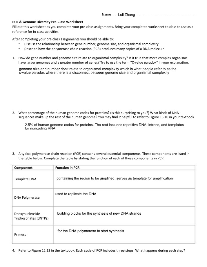 PCR and Genome Diversity Pre-Class Worksheet Primary