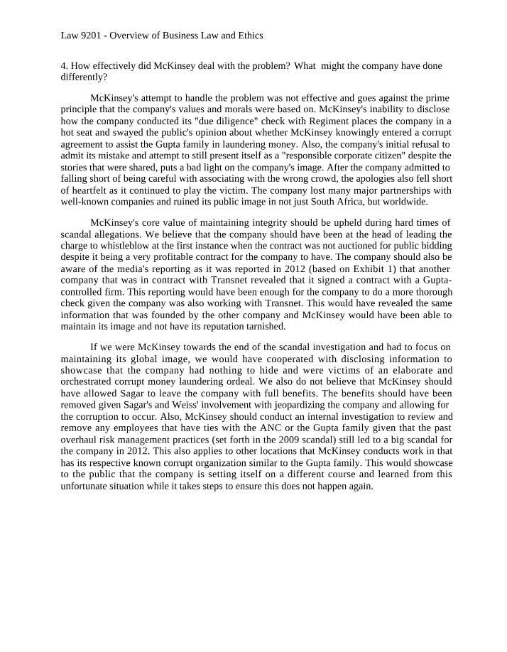 LAW9201 McKinsey Case Study Question 4