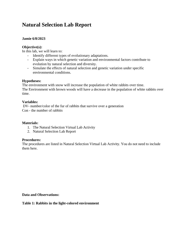 Lab Report - Natural Selection