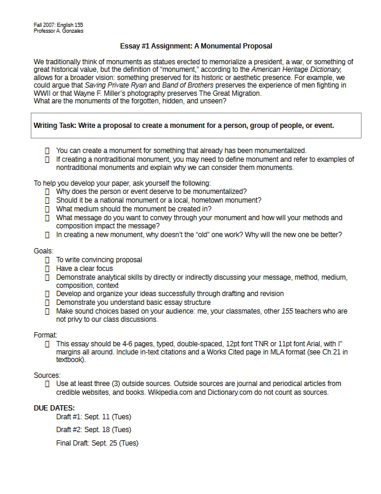 Monumental Proposal Essay Assignment 1