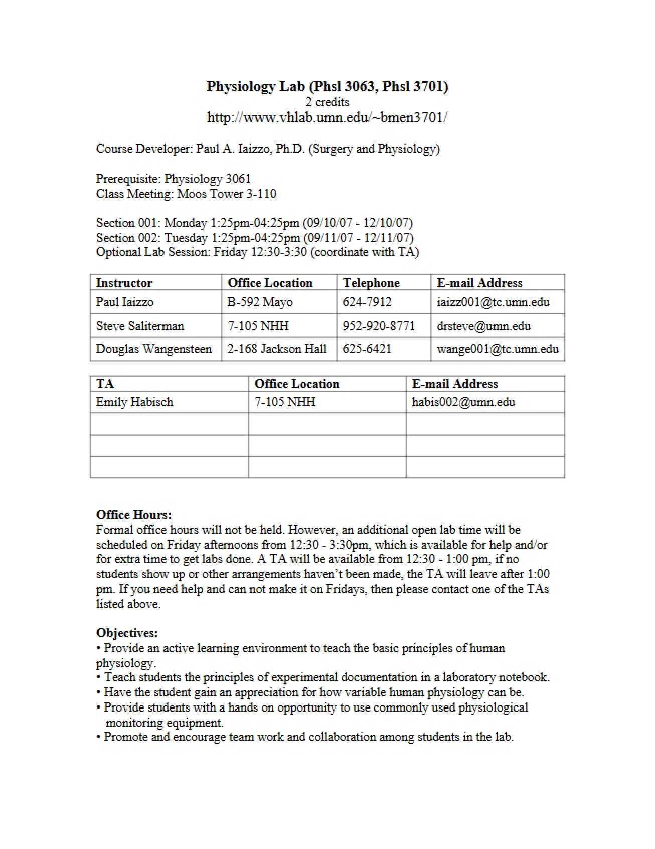 Laboratory Course Outline