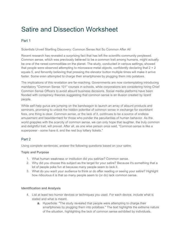 Worksheet on Satire and Dissection